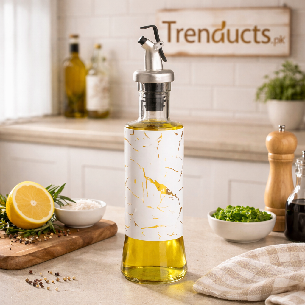 Trenducts luxury marble design glass oil bottle and vinegar cruet with a silver leak-proof spout on a kitchen counter.