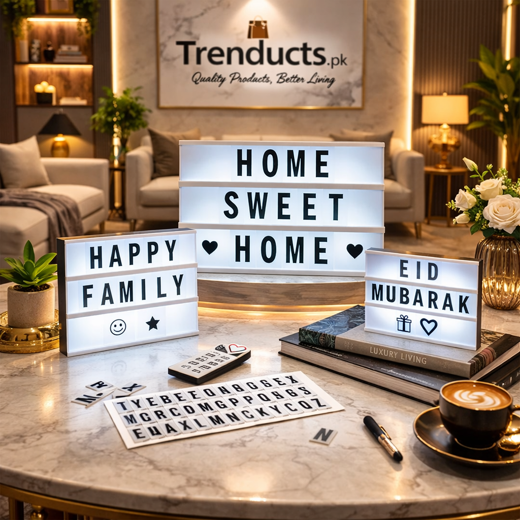 Trenducts A4 LED message board tabletop sign with black letters and cool white glow for home and office decor.