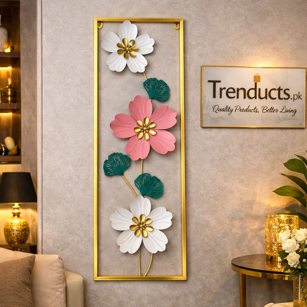 Trenducts luxury gold laser-cut metal wall motif art piece hanging on a modern living room wall