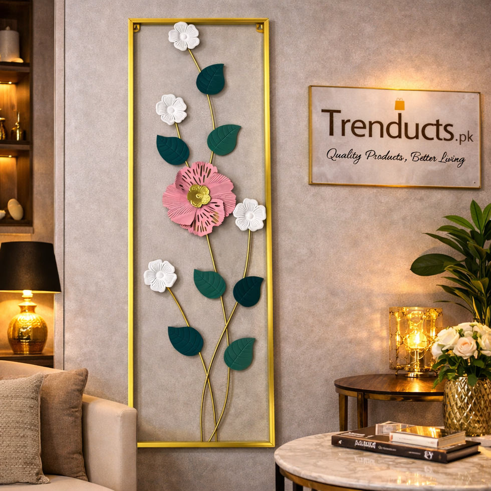 Trenducts luxury gold laser-cut metal wall motif hanging in a modern Pakistani drawing room above a sofa.