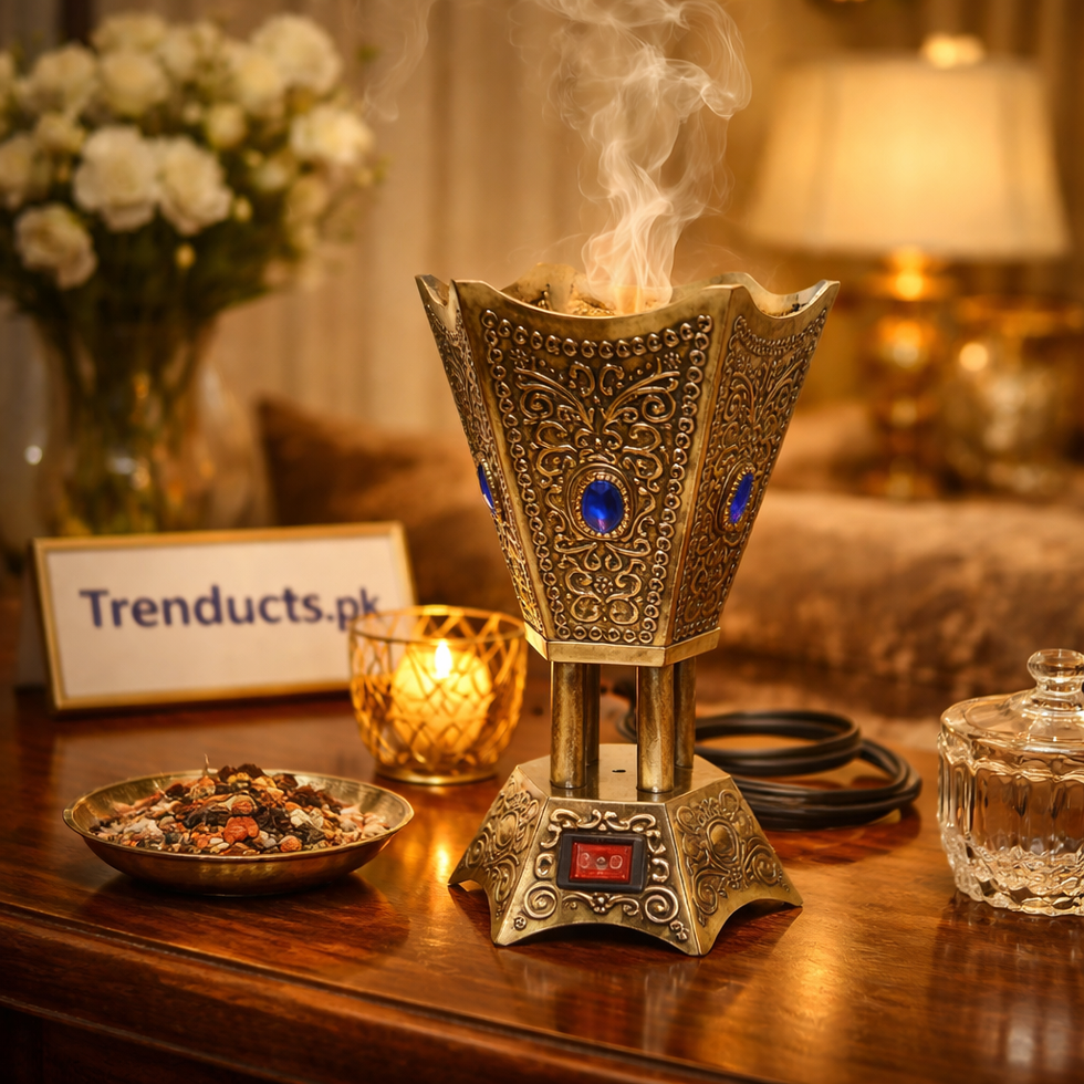 Trenducts gold electric Luban Dan burner plugged in and releasing incense fragrance in a modern living room.