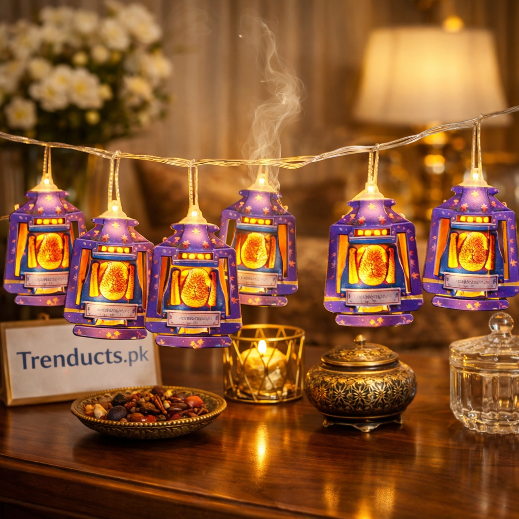 Close-up of Trenducts Ramadan string lights showing orange crescent moon mosque designs and purple lantern motifs with warm LED illumination.