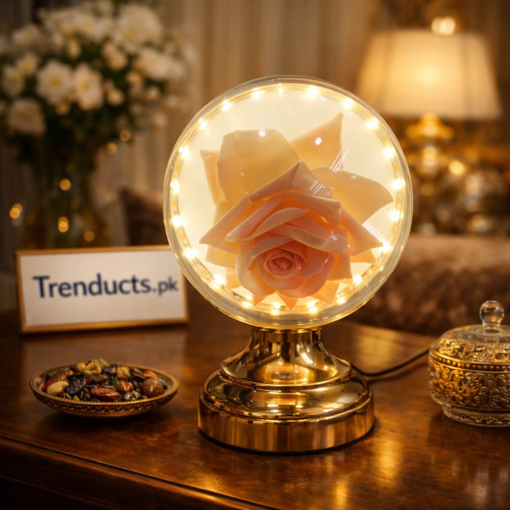 "Trenducts enchanted LED rose in a crystal glass dome with warm golden fairy lights for romantic room decor."

"Artificial rose night lamp in glass dome available in random colors for gifting in Pakistan."