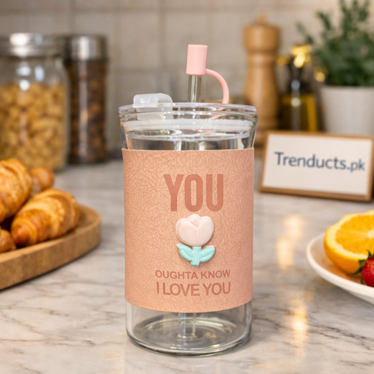 "Pastel Bloom insulated glass sipper with double-wall thermal design and wavy pink handle."

"Aesthetic insulated 450ml glass tumbler for iced coffee and warm tea in Pakistan."