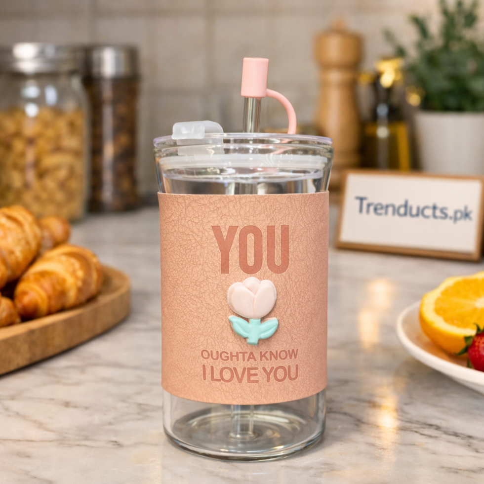 "Pastel Bloom insulated glass sipper with double-wall thermal design and wavy pink handle."

"Aesthetic insulated 450ml glass tumbler for iced coffee and warm tea in Pakistan."
