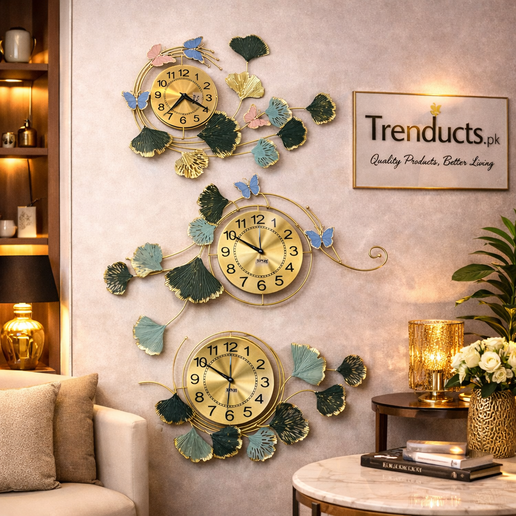 Trenducts luxury gold metal wall clock motif with silent movement displayed on a feature wall in a modern lounge.