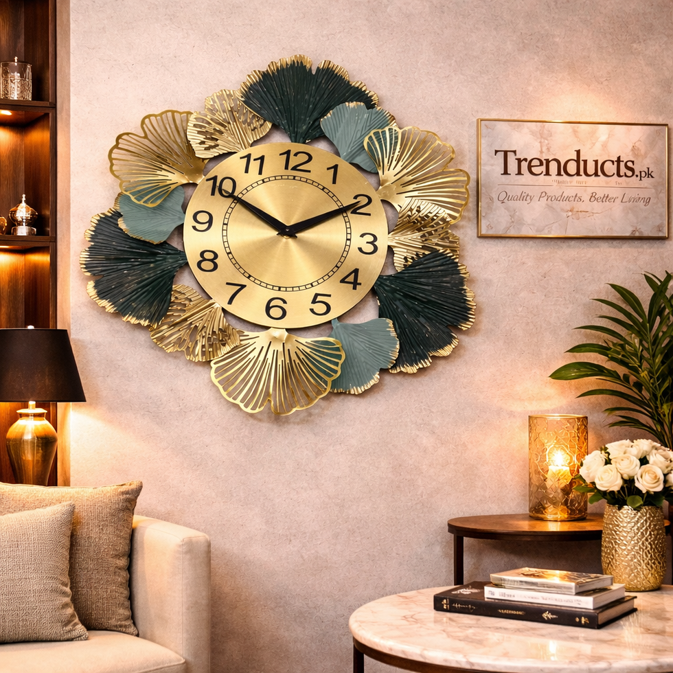 Trenducts luxury champagne gold metal wall clock motif with a silent mechanism on a dark modern feature wall.