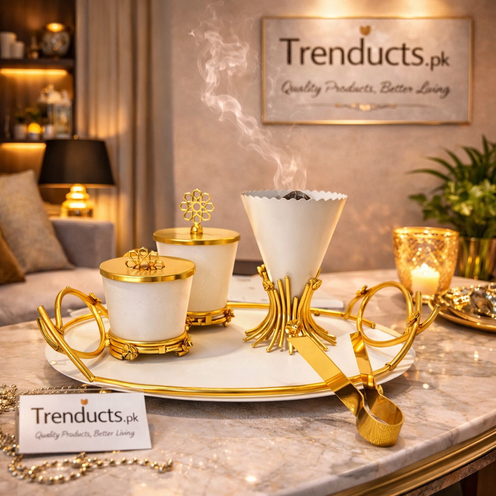 Trenducts 3-piece luxury gold Arabic incense burner set including Mabkhara, jar, and tongs on a velvet display.