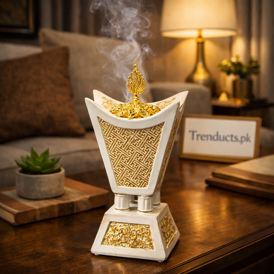 "Premium white porcelain Luban Dan incense burner with traditional lid."

"Ceramic Bakhoor burner for oud and frankincense in a modern Pakistani home."