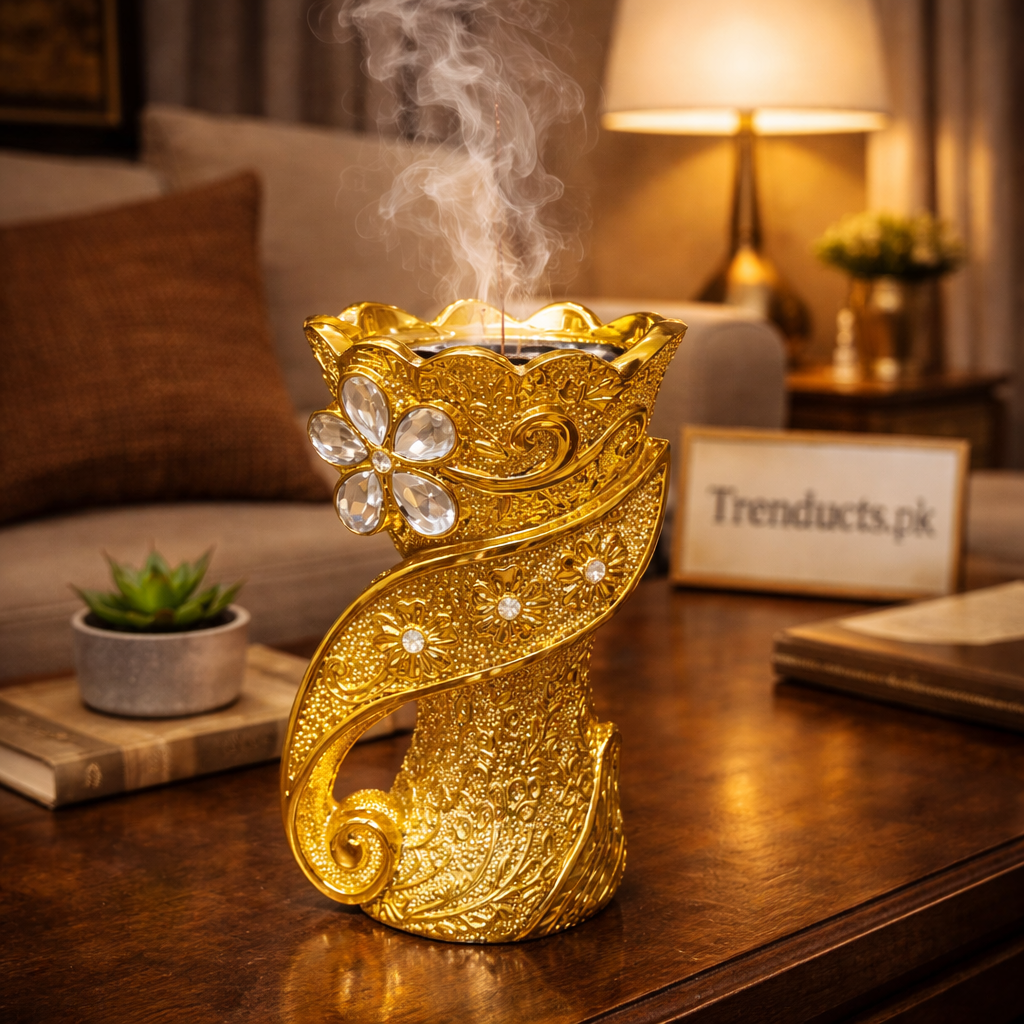 "Royal gold electric bakhoor burner with intricate Arabic design for home decor."

"Modern 2-in-1 ceramic and metal Luban Dan for burning frankincense in Pakistan."
