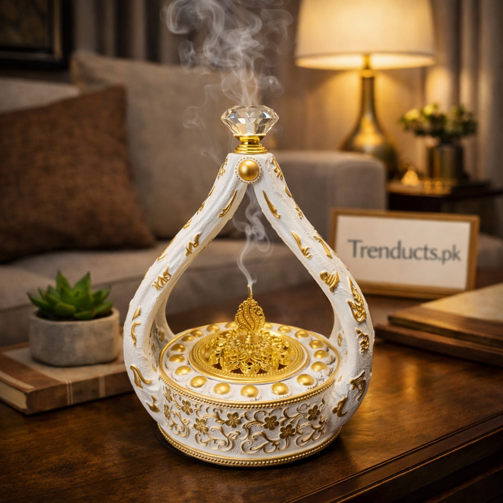 "Premium Oud-soaked Bakhoor chips in a glass jar for home fragrance."

"Traditional Bakhoor being burned on charcoal in a golden Luban Dan