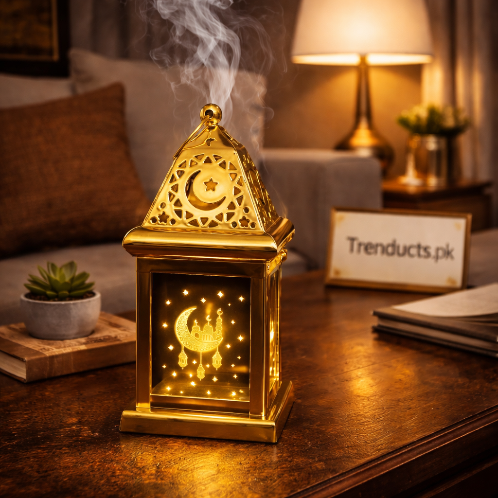 "Vintage antique metal lantern style electric bakhoor burner with LED light."

"Traditional Pakistani lalten style incense burner for oud and luban."