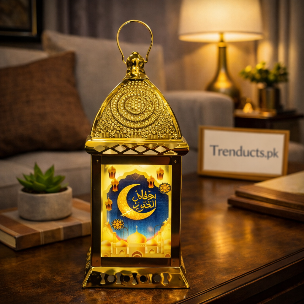 "Gold metal Ramadan lantern with LED light and Nasheed audio feature."

"7x3 inch decorative Islamic lalten with mosque design for Ramadan 2026."