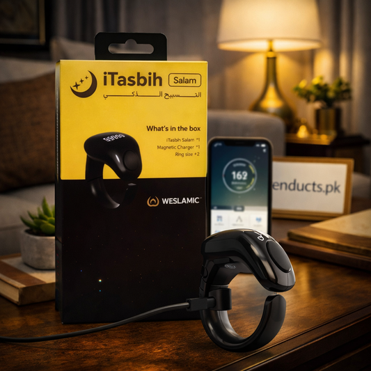 "iTasbih Salam smart ring digital tasbih with magnetic charger."

"Weslamic rechargeable tasbih ring with mobile application sync for Zikr tracking."