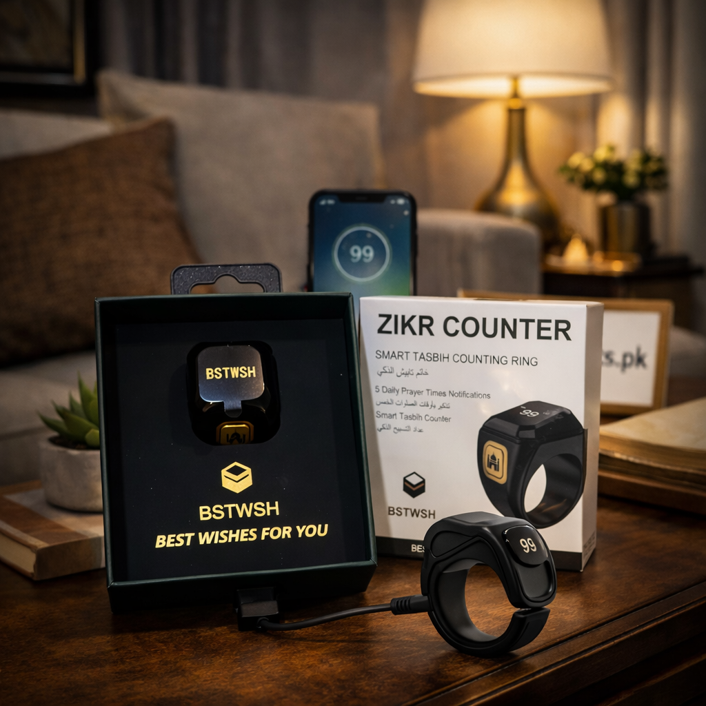 "Black smart zikr ring digital tasbih with OLED display and app sync."

"Rechargeable iTasbih Salam ring with magnetic charger and gift packaging."