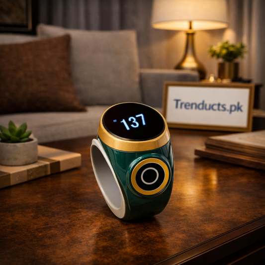 "HD LED smart zikr ring with high-definition OLED screen and matte black finish."

"Model 51-1 digital tasbih ring with mobile app sync and magnetic charging."