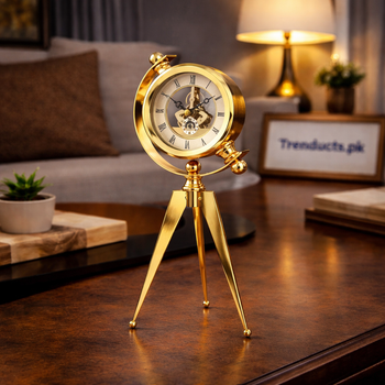 Collection of premium gold and chrome metal table clocks with visible gears and Roman numerals for luxury home decor.