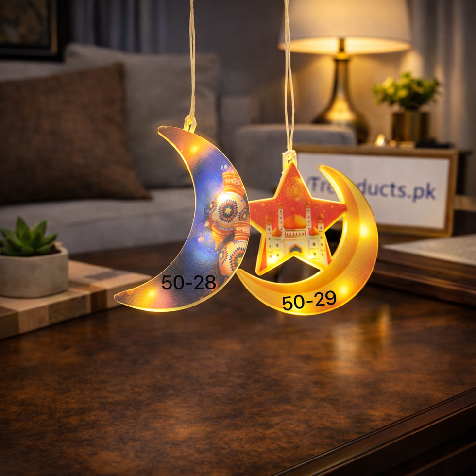 "Single warm white LED crescent moon hanging light for Ramadan decoration."

"Affordable Rs. 180 moon light for Eid home decor in Pakistan."