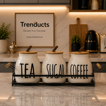 Ceramic 3Pcs Jar Set - Tea Sugar Coffee - Airtight With Metal Stand