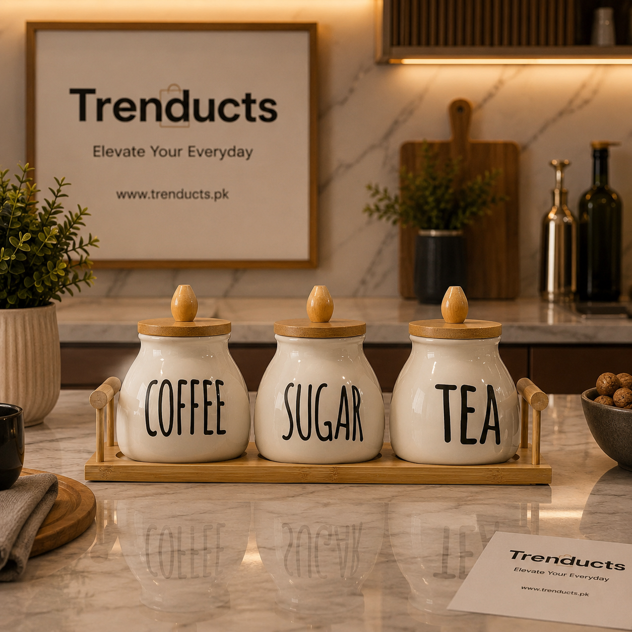 Ceramic Coffee Sugar Tea Jar Set with Bamboo Tray
