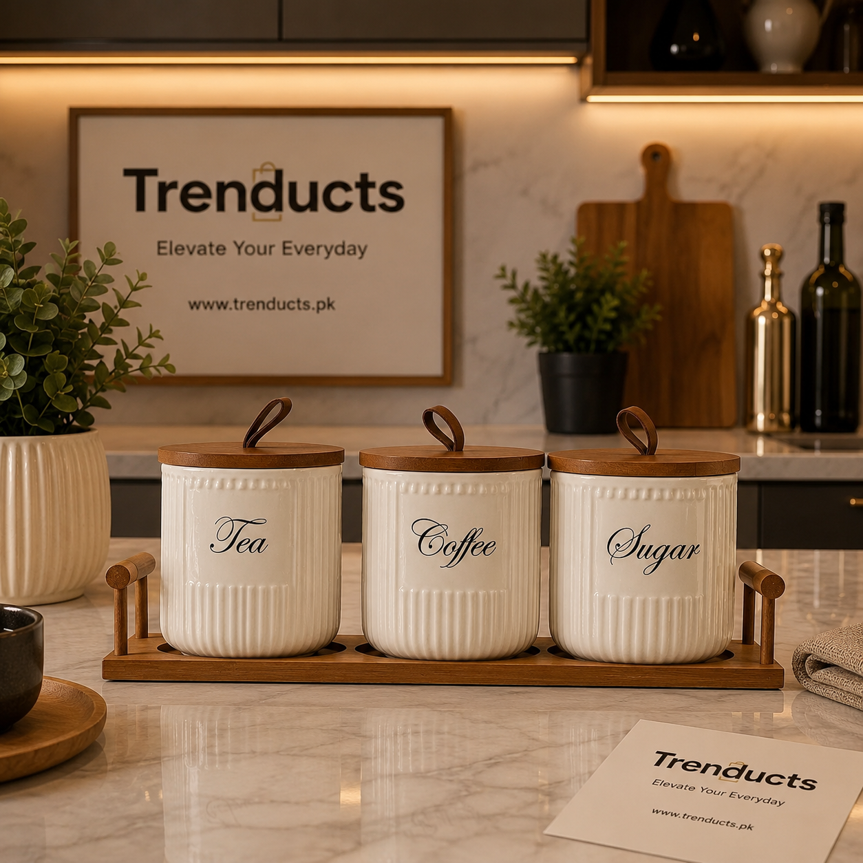 Ribbed Ceramic 3Pcs Storage Jar Set with Wooden Tray