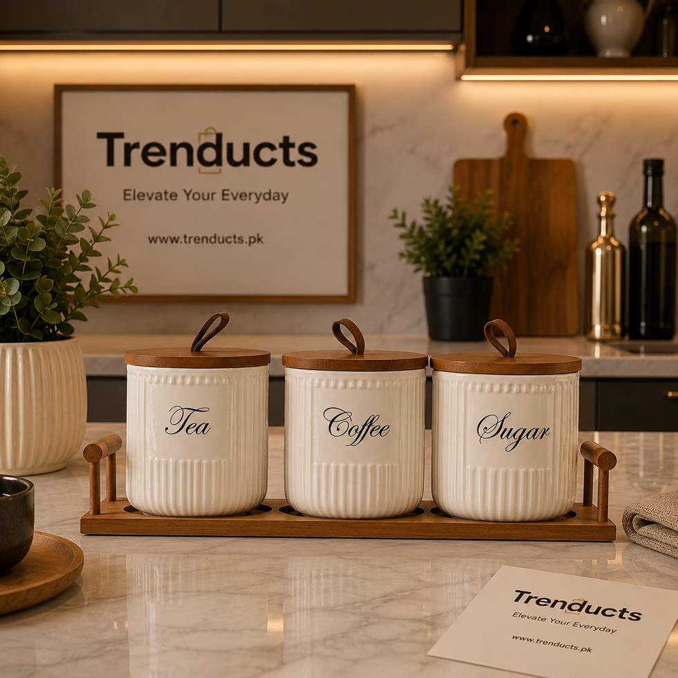 Ribbed Ceramic 3Pcs Storage Jar Set with Wooden Tray