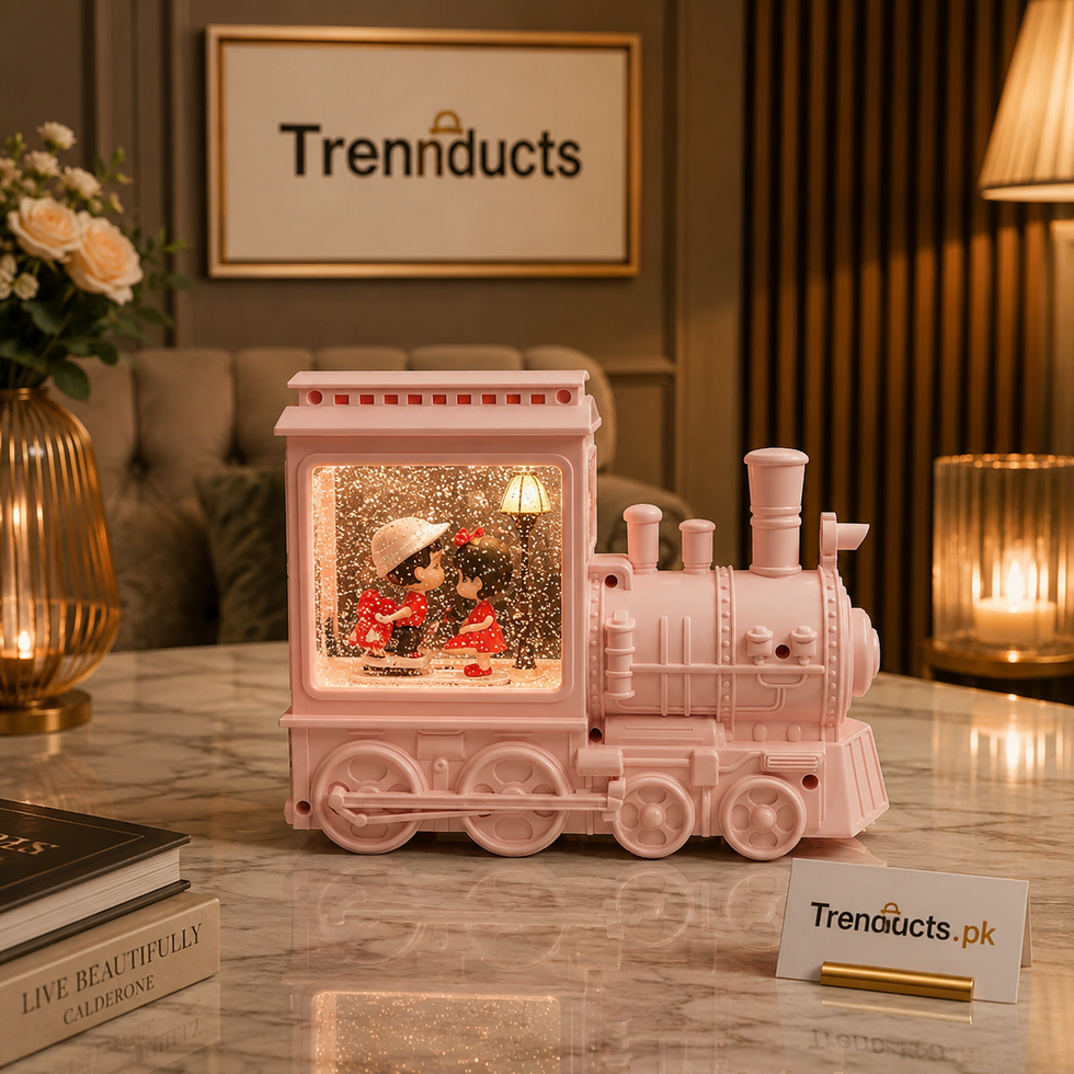 Romantic Couple Snow Globe Pink Train Decor