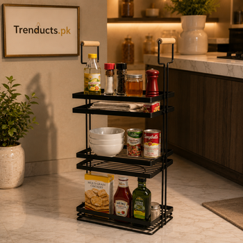 Multipurpose Matte Black Metal Organizer Rack with Wooden Handles