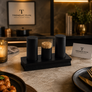 Modern Matte Black Salt, Pepper, and Toothpick Shaker Set with Base Tray