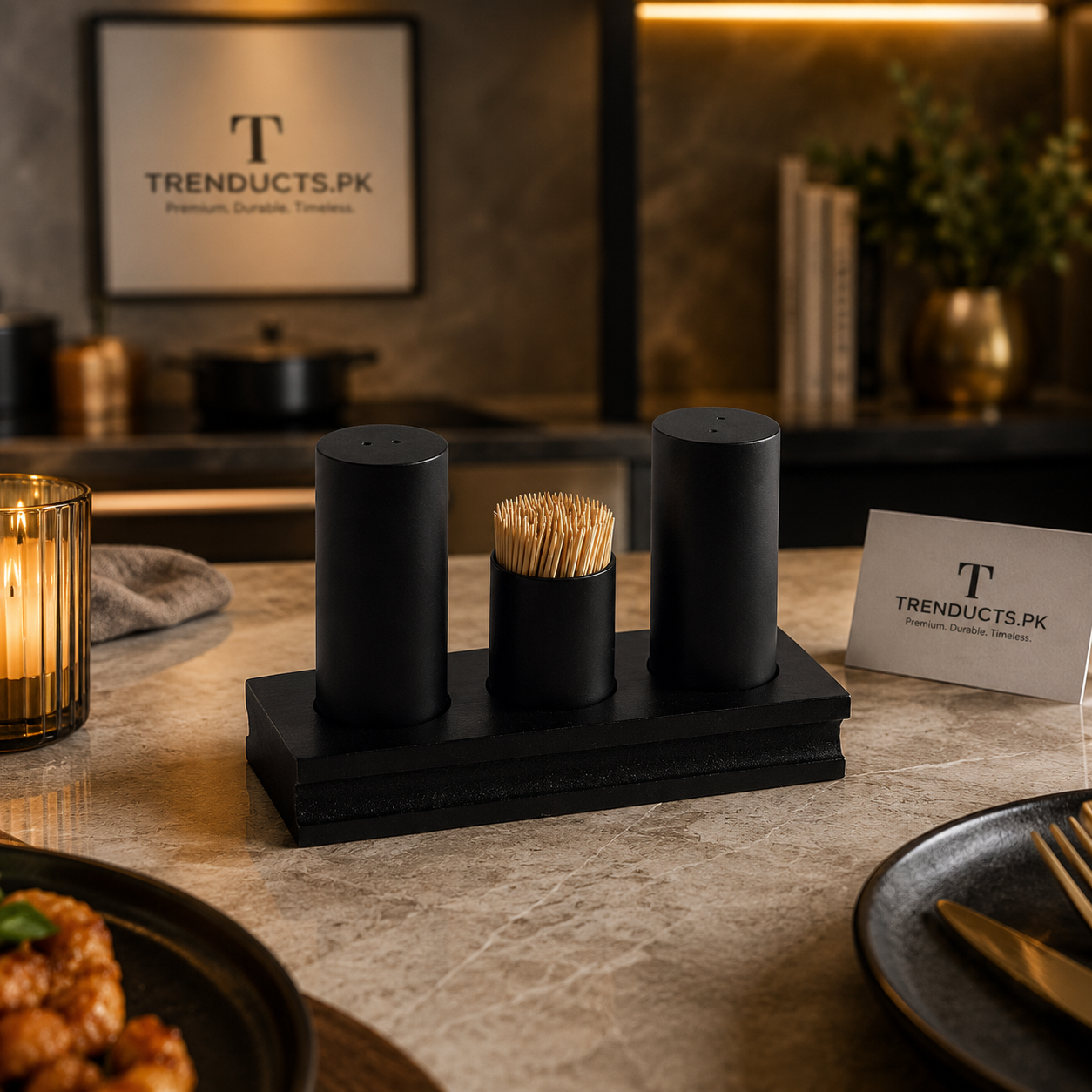 Modern Matte Black Salt, Pepper, and Toothpick Shaker Set with Base Tray