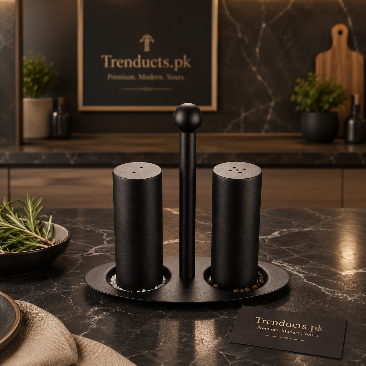 Modern Matte Black Salt and Pepper Shaker Set with Center Handle Stand