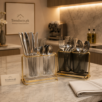 Acrylic Cutlery Holder with Gold Metal Stand | 2-Grid Kitchen Organizer