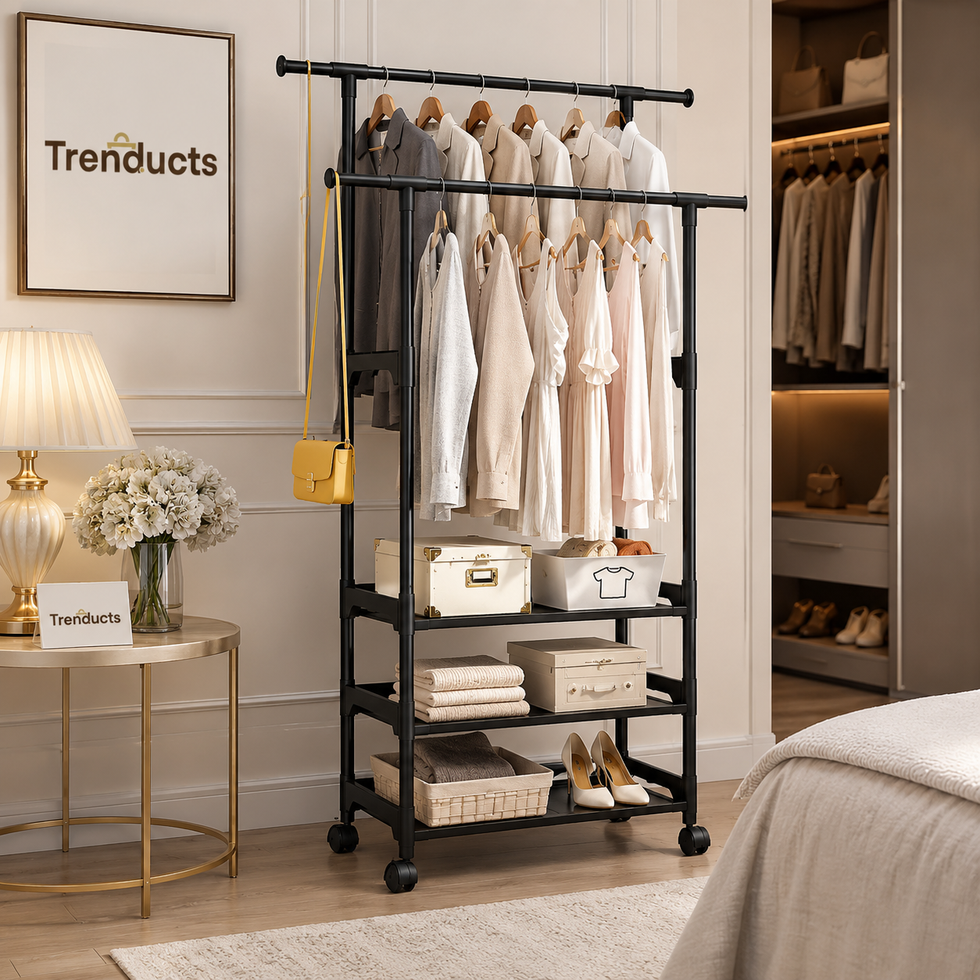 Double Pole Clothes Rack with Shelf & Shoe Storage