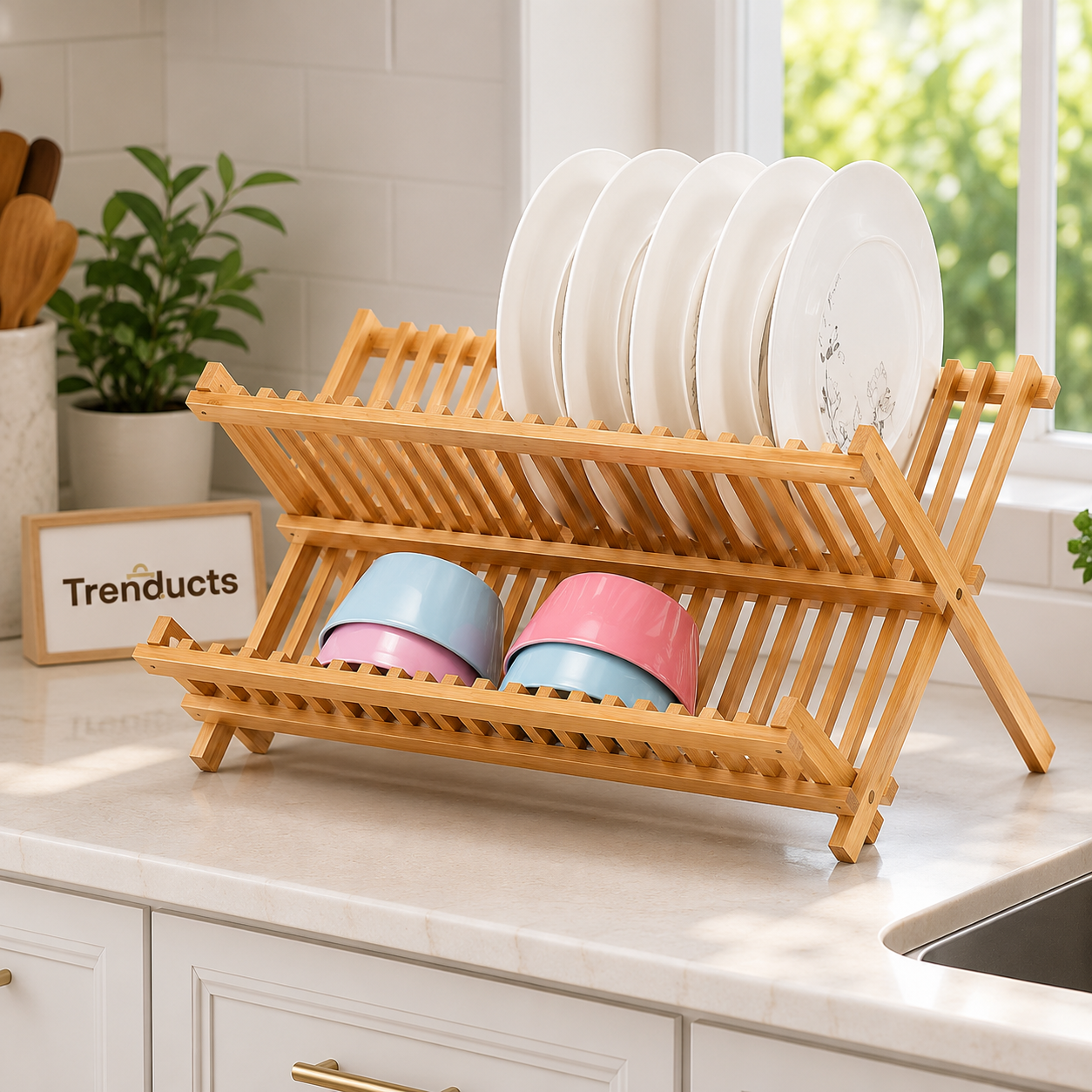 Premium Bamboo Dish Drying Rack – Foldable Dish Drainer