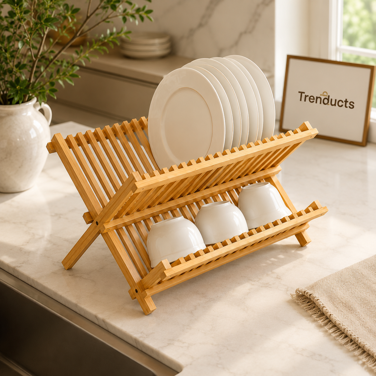 Premium Bamboo Dish Drying Rack – Foldable Dish Drainer