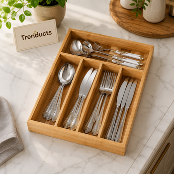 Bamboo Cutlery Tray - 5-Compartment Kitchen Drawer Organizer