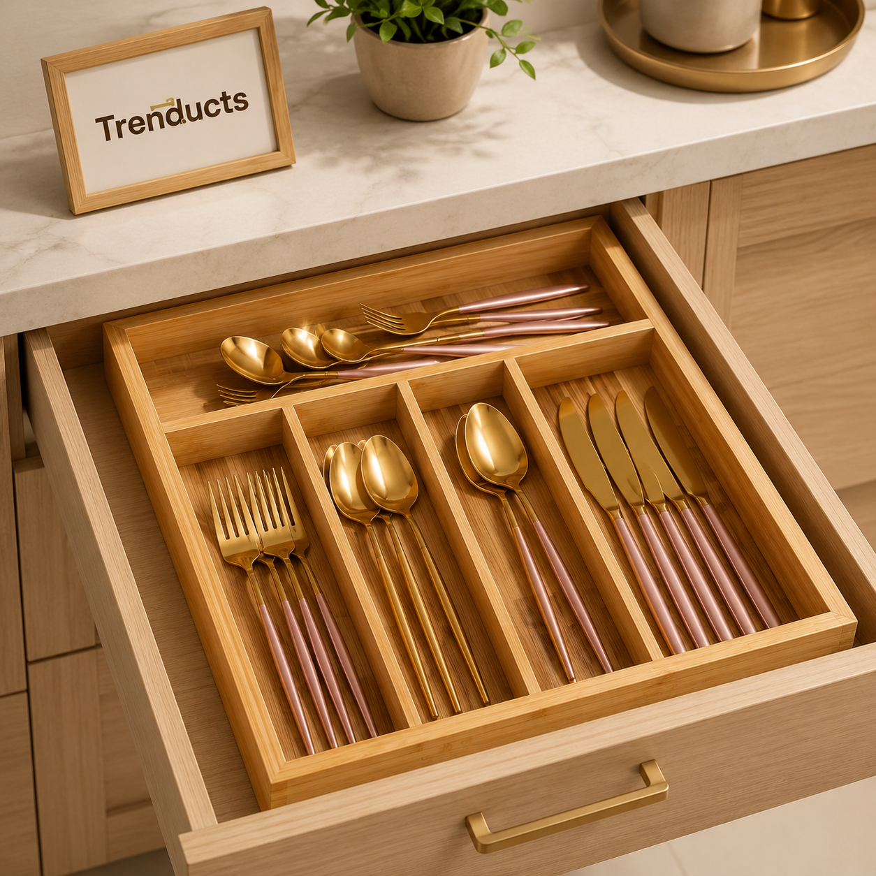 Bamboo Cutlery Tray - 5-Compartment Kitchen Drawer Organizer