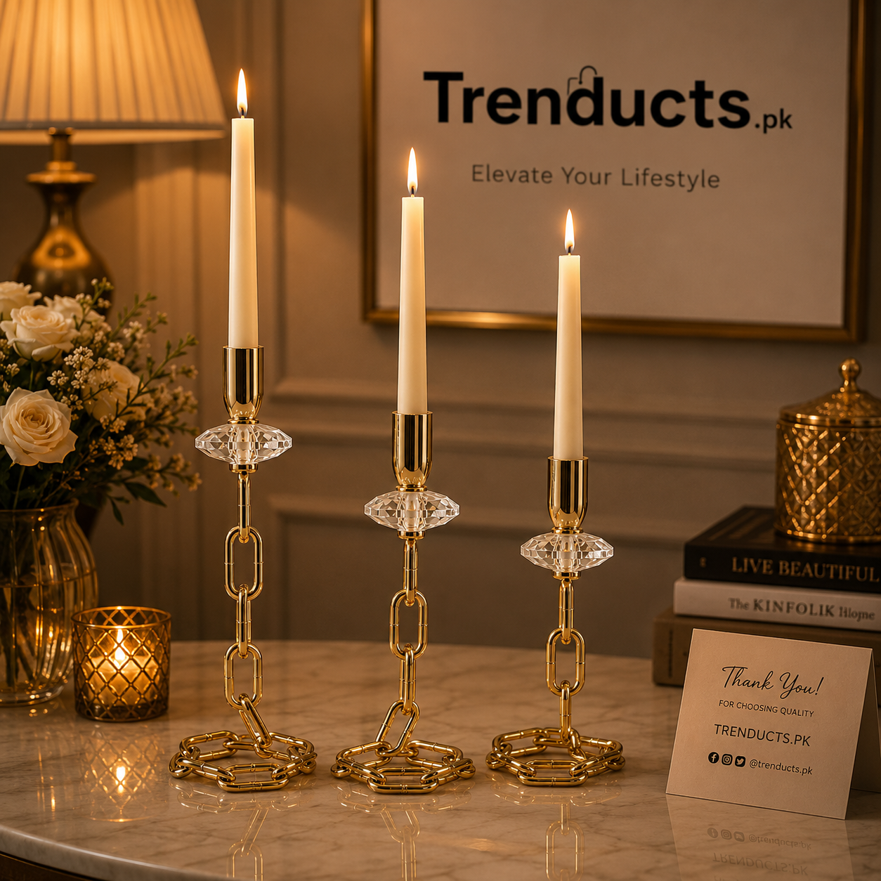Imperial Majestic 3 Piece Gold Chain Crystal Candle Stand Set
