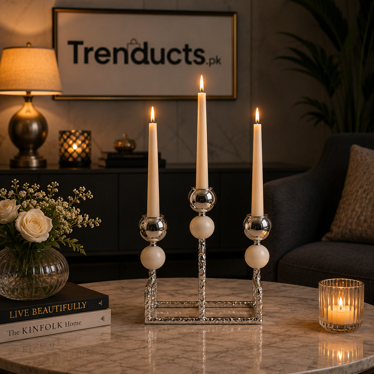 Imperial Sparkle 3 Head Silver Candle Stand Showpiece