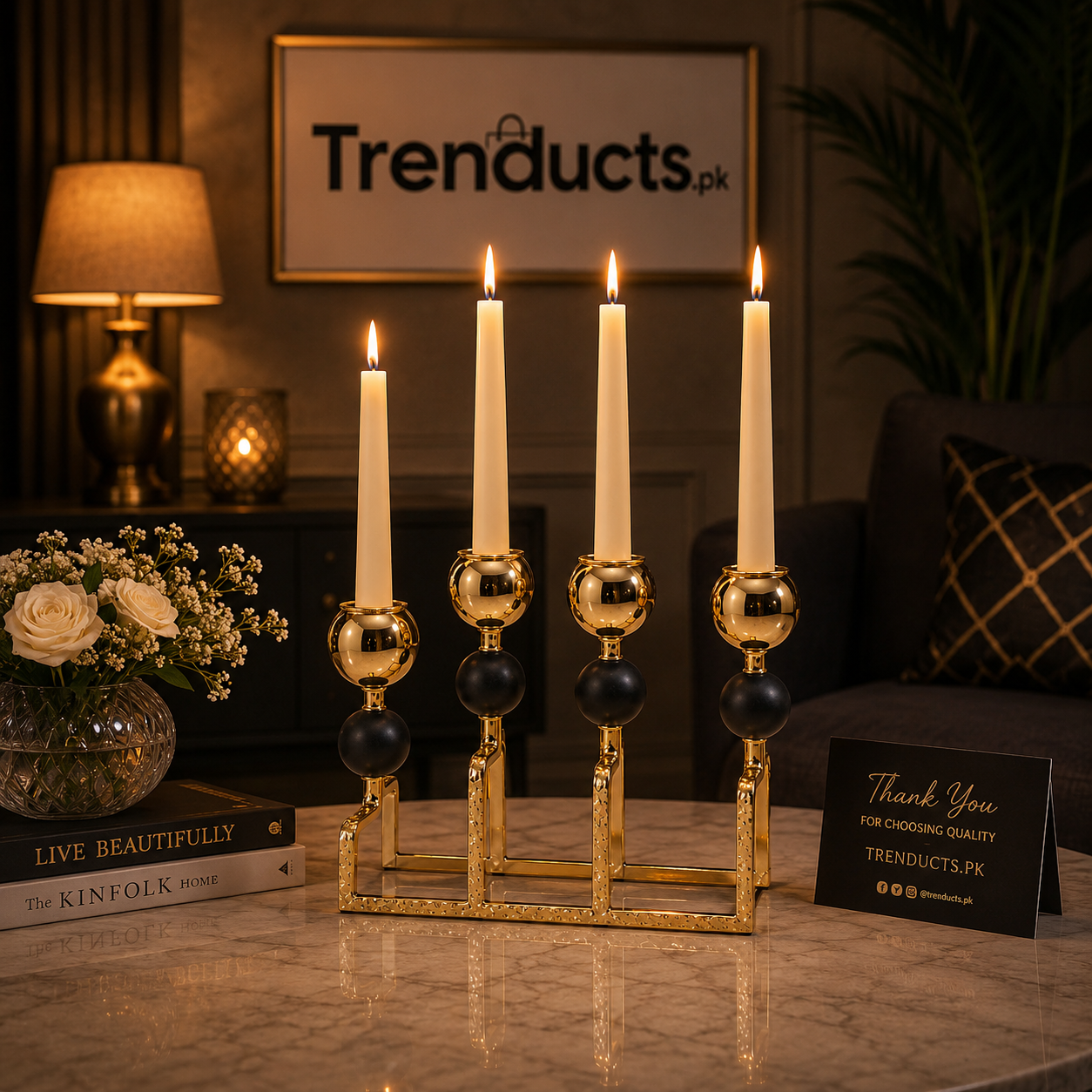 Imperial Majestic 4 Head Gold & Black Candle Stand Showpiece