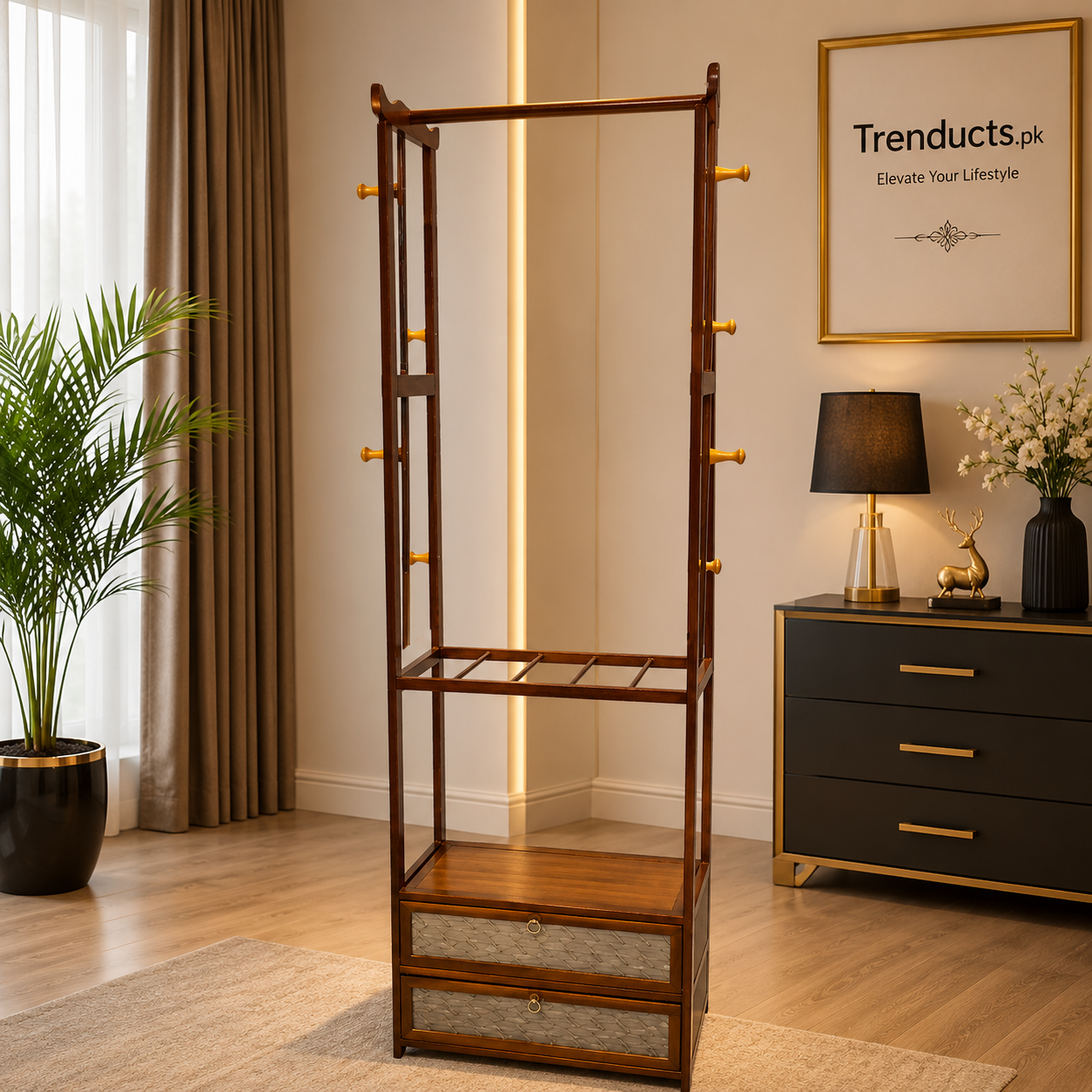 Wardrobe Premium Multi-Functional Organizer | Bamboo Cloth Stand with Drawers