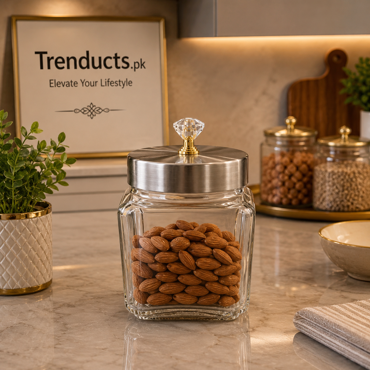Crystal-Top Glass Canister | Premium Square Storage Jar