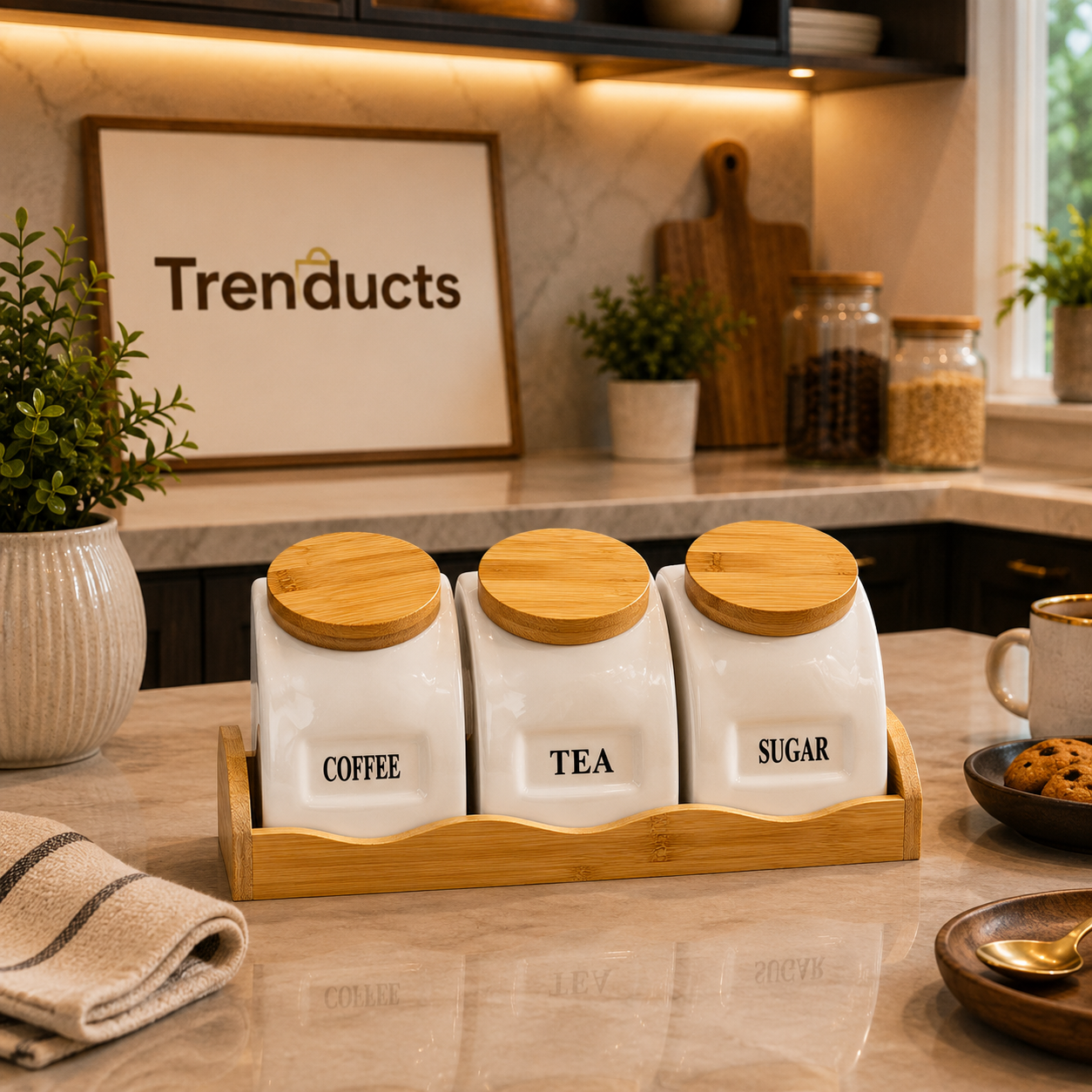 Ceramic Canister Set with Bamboo Rack - 3-Piece Countertop Storage Jars