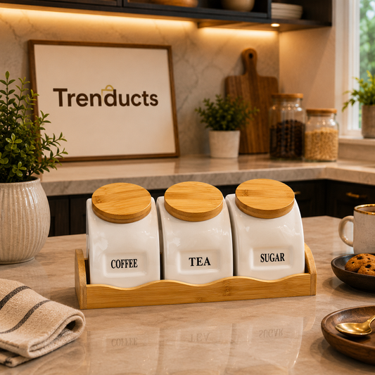 Ceramic Canister Set with Bamboo Rack - 3-Piece Countertop Storage Jars