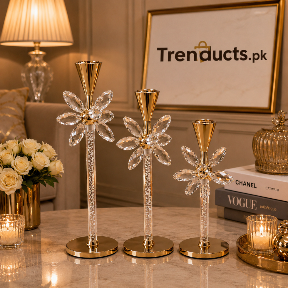Crystal Flower Gold Taper Candle Stand Set | Elegant Table Centerpiece