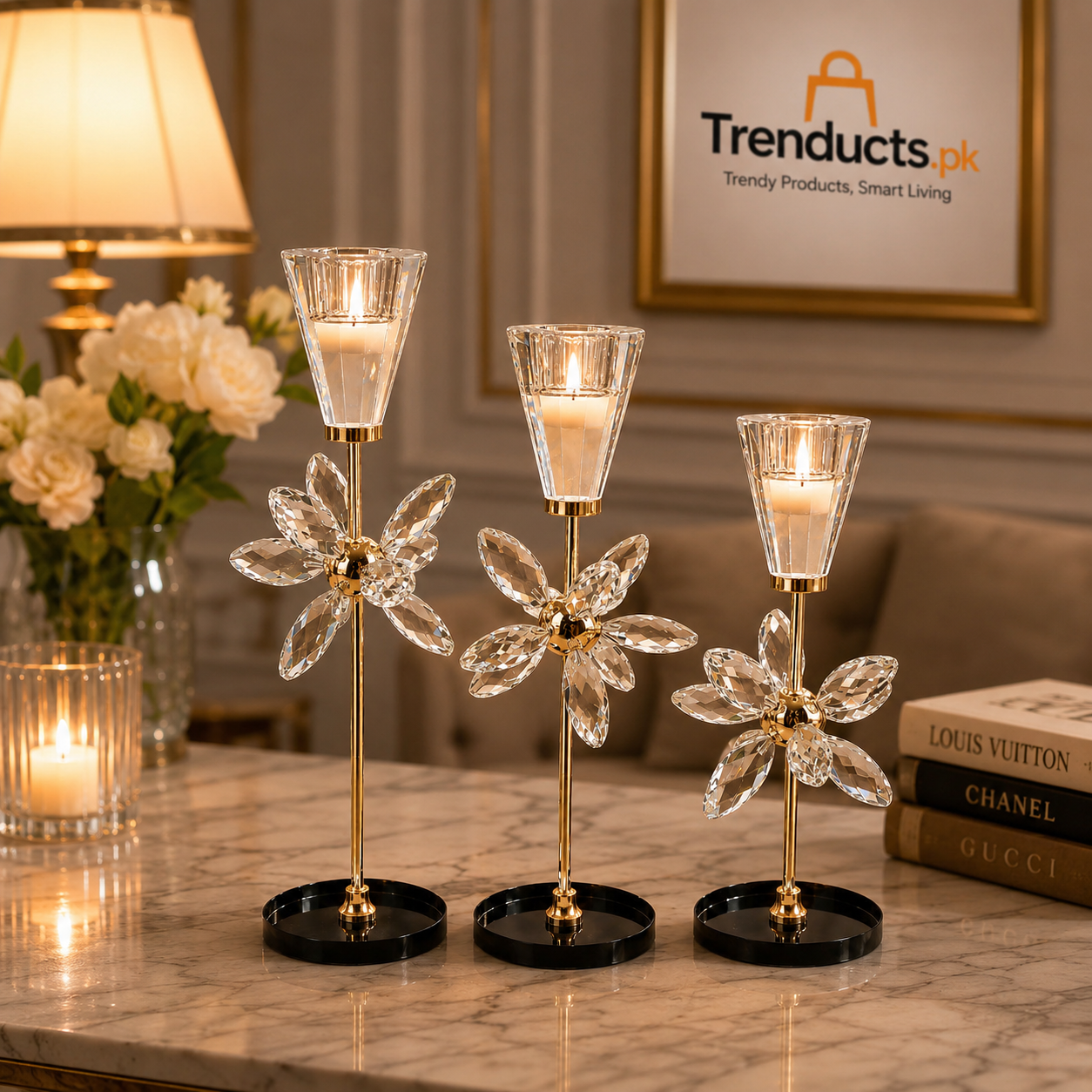 Crystal Flower Metal Candle Holder Set | Luxury Table Decor