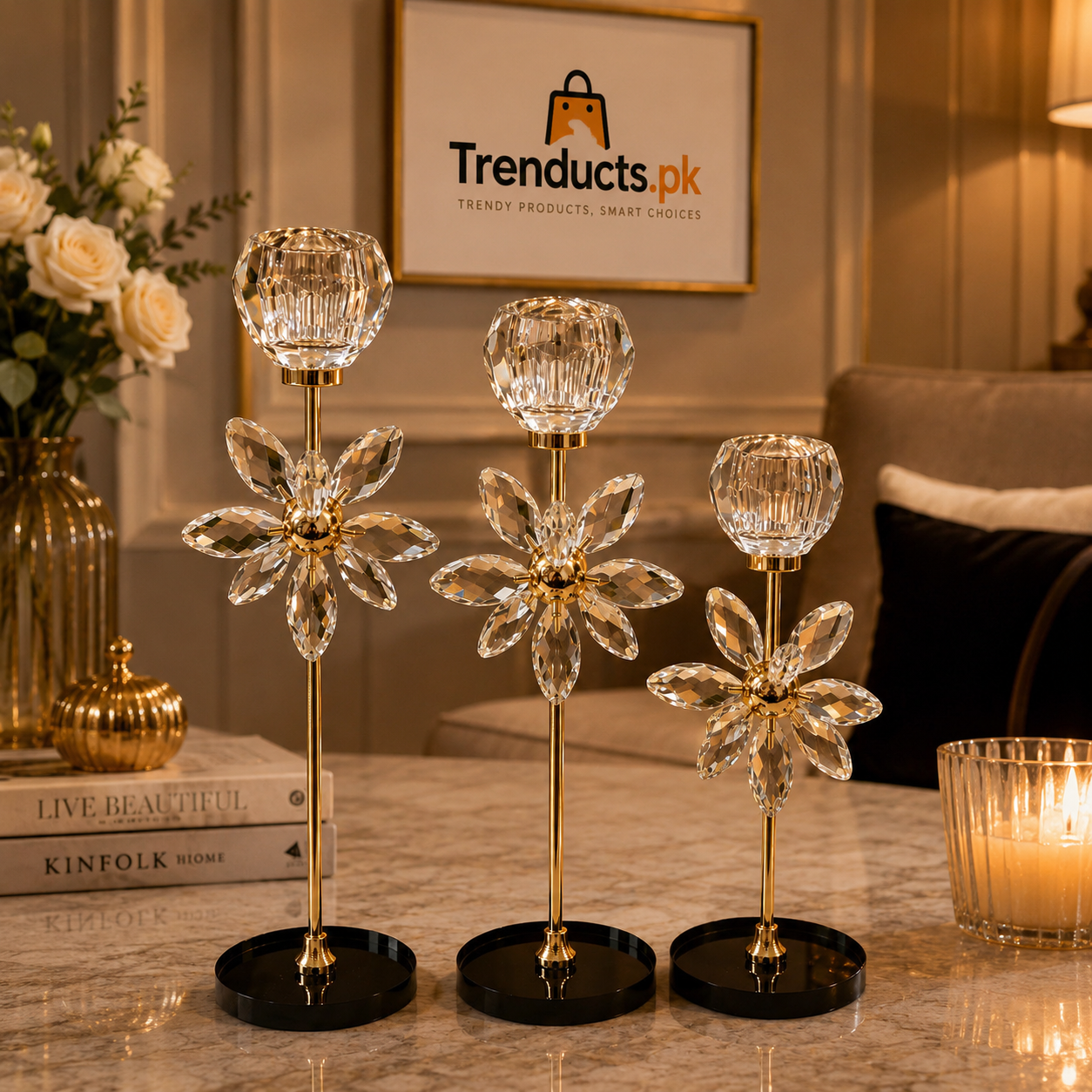 Crystal Flower Metal Candle Holder Set | Luxury Table Decor