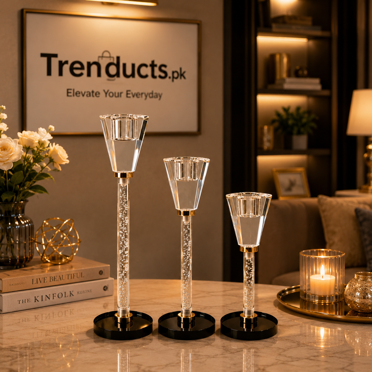 Luxury Crystal & Gold Candle Stand Set | Elegant Table Centerpiece