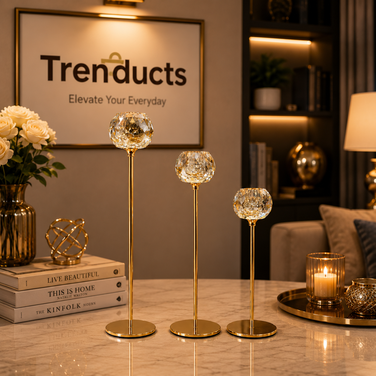 Elegant Crystal Gold Pillar Candle Holder Set