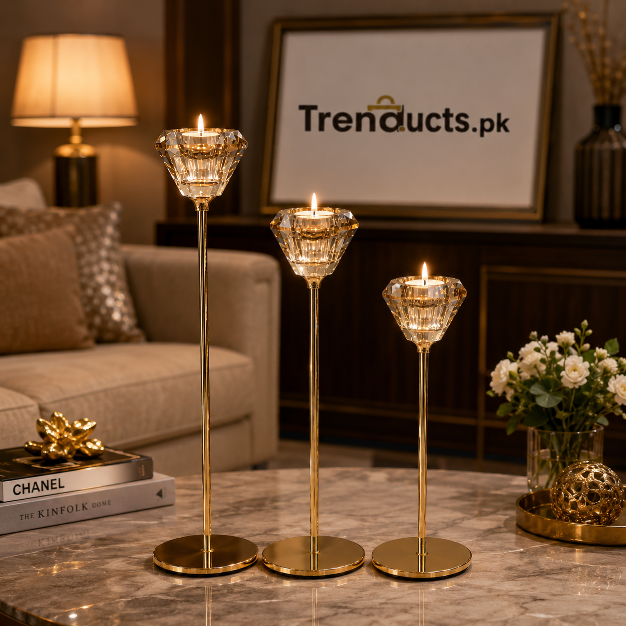 Elegant Crystal Gold Pillar Candle Holder Set